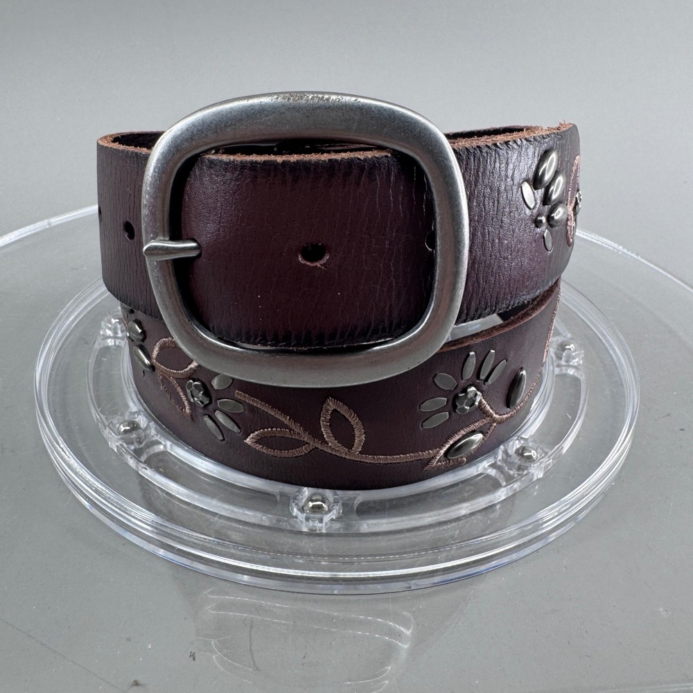 Fossil Womens Leather Belt Floral Embroidered Studded Western Brown Small Boho